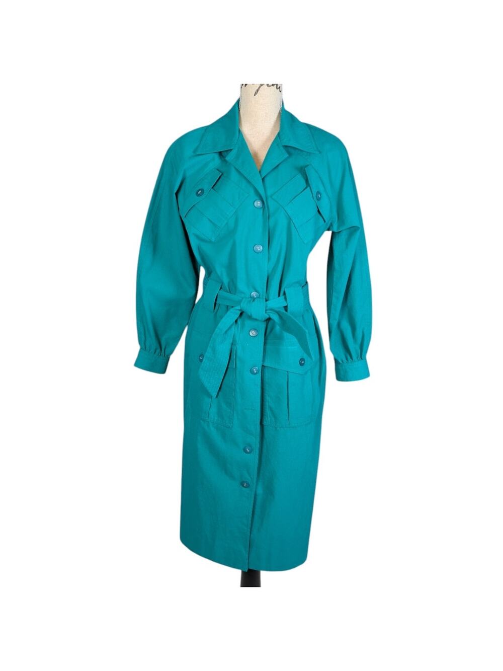 Vintage 1980s Teal Shirt Dress Belted Safari Midi Made in USA